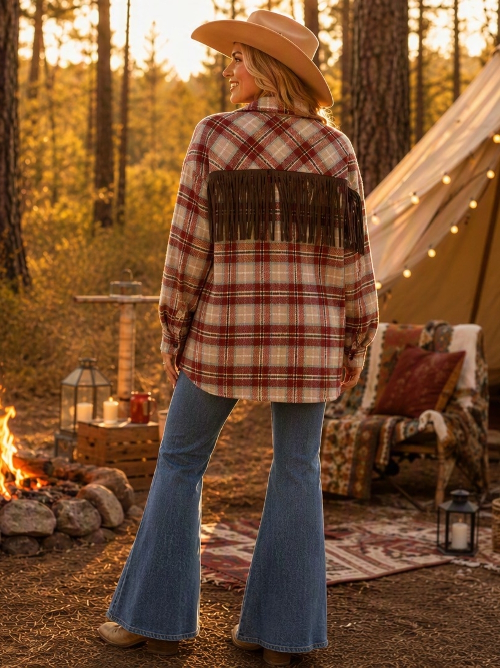 Rock & Roll Cowgirl Rust & Cream Plaid Fringe Back Shacket